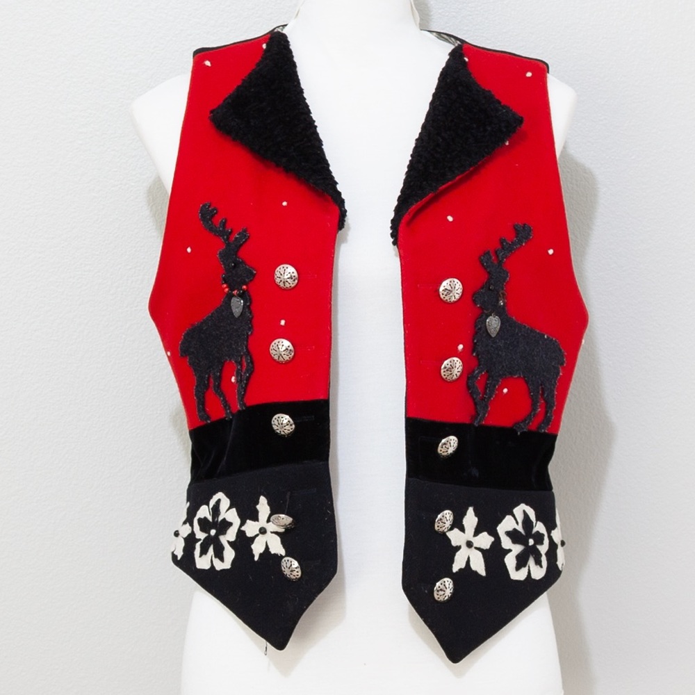 Lucia Lukken Broomskirts Women's Red, Black, & White Reindeer Holiday Vest sz S